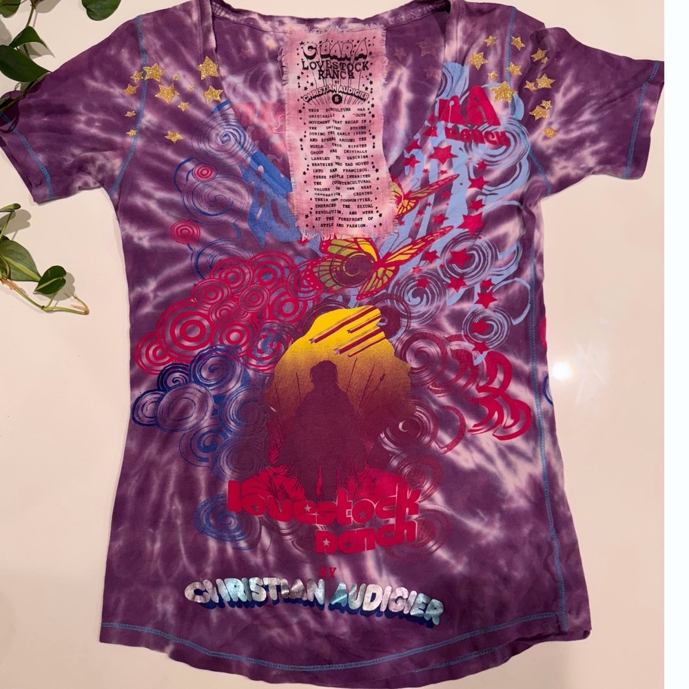 Christian Audigier Lovestock Ranch Tie Dye Graphic Tee‎ Women's S Y2K Distressed